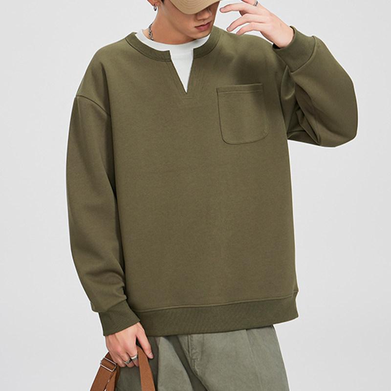 Sweat - スウェット メンズ 裏起毛 厚手 ゆったり クルーネック トレーナー フェイクレイヤード 長袖 トップス カジュアル 秋冬 綿 ポリエステル 快適 伸縮性 ドロップショルダー ポケット付き ブラック カーキ