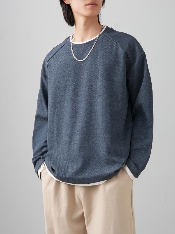 スウェット メンズ フェイクレイヤード 重ね着風 長袖 クルーネック ヘビーウェイト ゆったり ルーズフィット 綿 ポリエステル 通気性 切り替え アメカジ ストリート カジュアル トレンド プルオーバー 春秋 ブラック ブラウン デニム