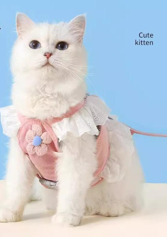 猫 ハーネス かわいい リード ペット 散歩 レジャー 犬 セット 調節 抜けにくい ベスト型 花 レース フリル 負担軽減 快適 軽量 青 ピンク