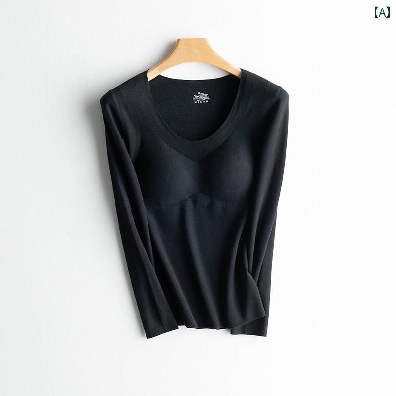 インナーウェア レディース 発熱繊維 シームレス 無縫製 保温 防寒 カップ付き ブラトップ 裏起毛 長袖..