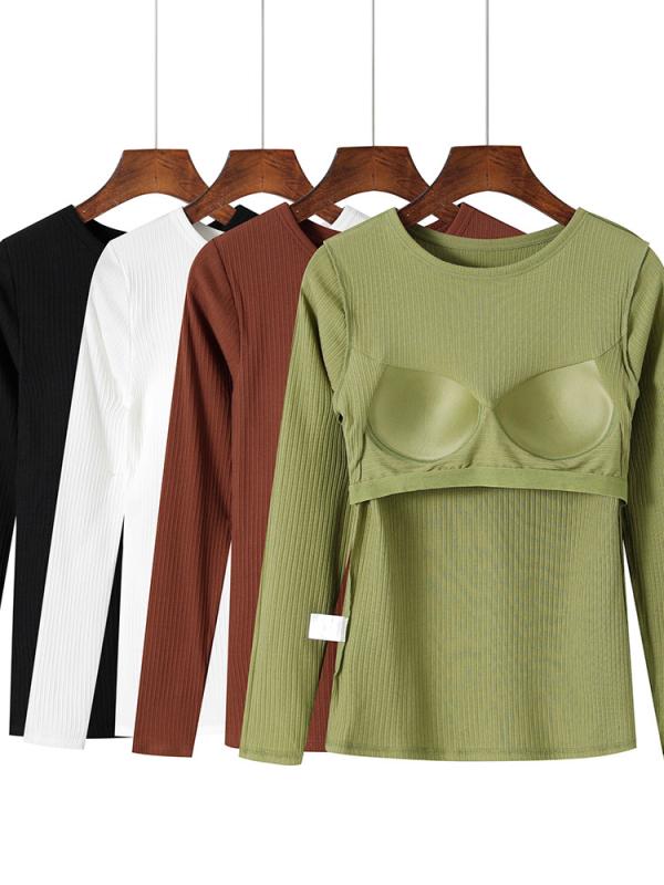 インナー レディース 長袖トップス 保温肌着 胸パッド付き クルーネック スリムフィット 薄手 綿混 ス..