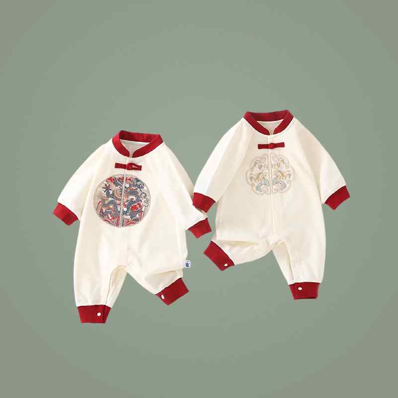 ロンパース カバーオール ベビー 男の子 女の子 漢服風 チャイナ風 長袖 花柄 龍柄 白 赤 綿混 コット..