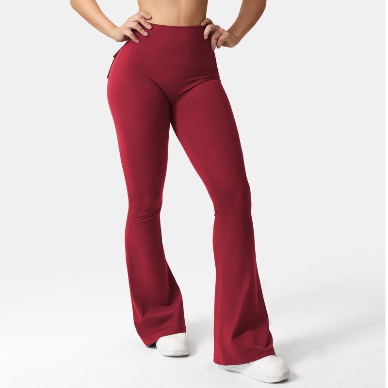 フレアパンツ レディース フィット感 ポケット付き ピーチヒップ ウエストシェイプ 脚長効果 フィットネス ヨガウェア スポーツ トレーニング 普段使い オールシーズン カーゴ風 ボトムス ブラック ダークグレー ワインレッド