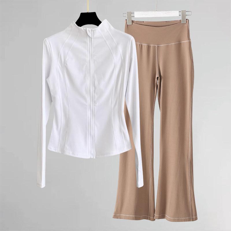 セットアップ レディース ランニング スポーツ ヨガ ダンス フィットネス トレーニングウェア 長袖 カップ付き トップス フレアパンツ ロングパンツ ナイロン スパンデックス 伸縮性 吸湿速乾 軽量 秋冬 パープル ブラック ホワイト