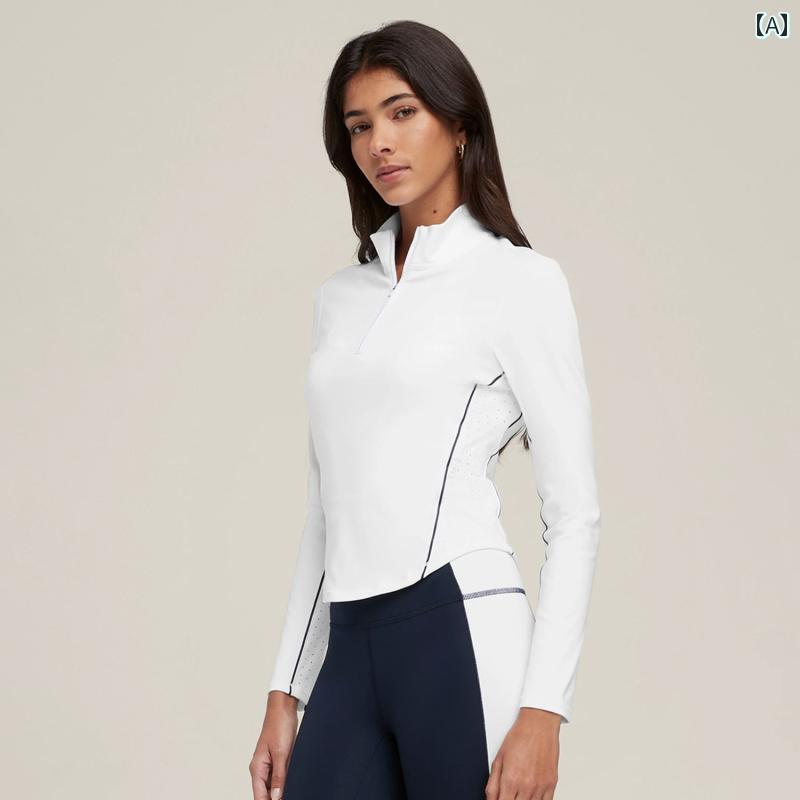 フロントップ楽天市場店のヨガウェア レディース 女性用 春夏 長袖 テニスウェア ランニング トレーニング フィットネス 速乾 高伸縮性 通気性 軽量 素肌感 スリムフィット スタンドカラー ハーフジップ ショート丈 ナイロン 白 ダークブルー｜アングル2