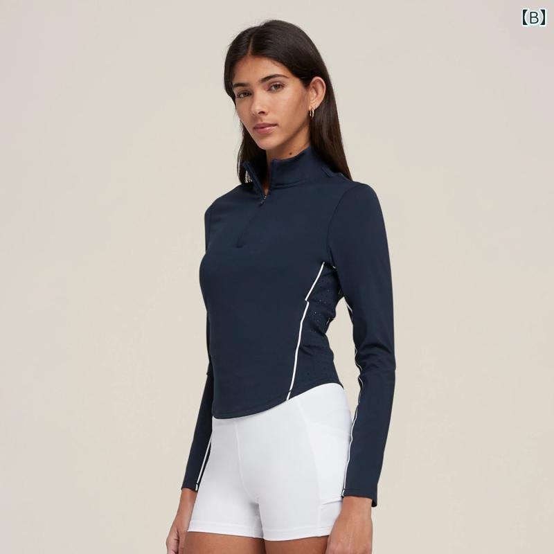 フロントップ楽天市場店のヨガウェア レディース 女性用 春夏 長袖 テニスウェア ランニング トレーニング フィットネス 速乾 高伸縮性 通気性 軽量 素肌感 スリムフィット スタンドカラー ハーフジップ ショート丈 ナイロン 白 ダークブルー｜アングル3