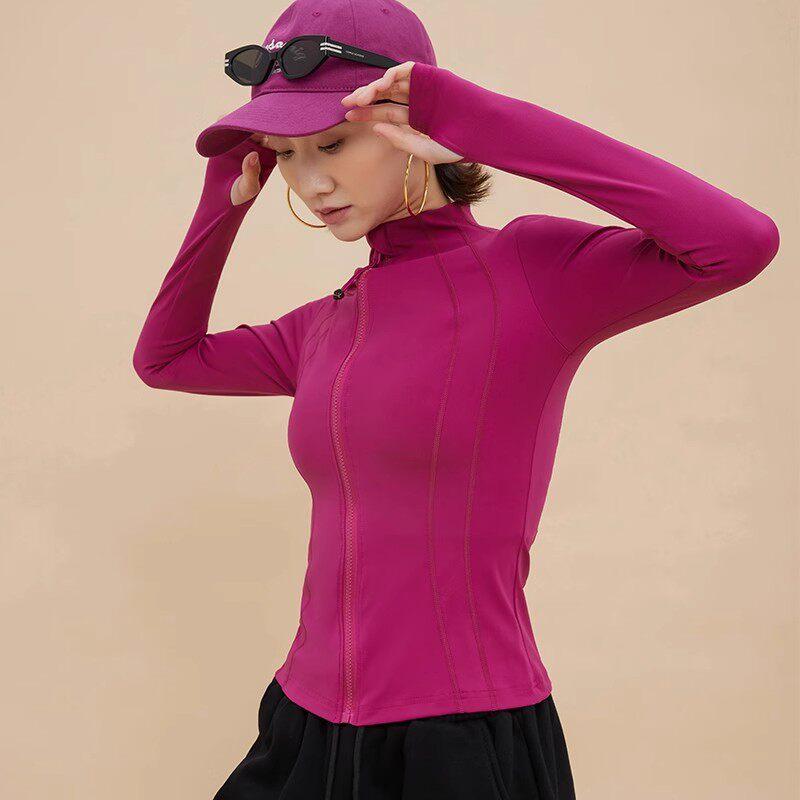 Wear - ジャケット レディース スタンドカラー 長袖 フルジップ スポーツ フィットネス ヨガ ピラティス ランニング ウェア ナイロン 吸汗速乾 伸縮性 通気性 スリムフィット 黒 黄 青