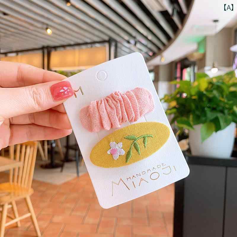 ヘアクリップ 女の子 子供 キッズ 韓国 刺繍 花 フラワー 布製 ギャザー フリル 前髪 サイド キャンディカラー カラフル ヘアピン 髪留め