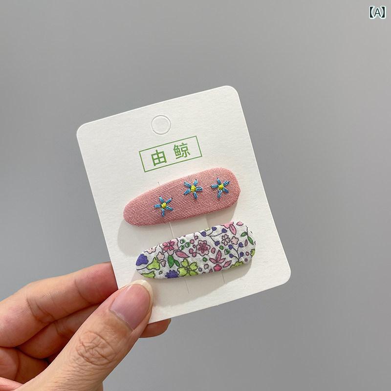 ヘアクリップ ベビー 女の子 赤ちゃん 刺繍 花柄 布製 パッチンピン サイドヘアピン 前髪ヘアピン 髪飾り ピンク パープル ブルー