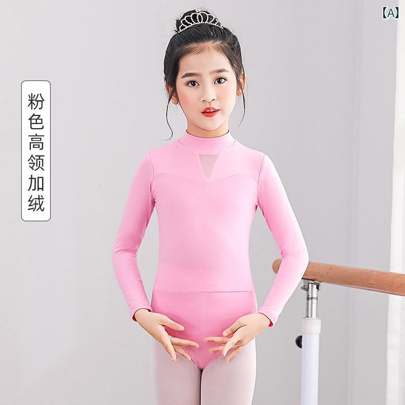 莱奥塔尔（用于芭蕾） - ダンスウェア 女の子 バレエ 民族ダンス チャイナダンス レオタード 秋冬 厚手 裏起毛 ハイネック 長袖 保温 ストレッチ 練習着 レッスン 発表会 ワークアウト 綿混 ブラック ピンク パープル