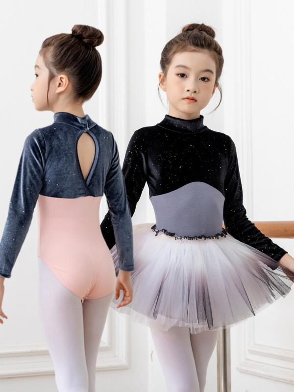 ダンスウェア 女の子 キッズ 長袖 中国舞 バレエ 体操服 レオタード ワンピース 練習着 発表会 レッスン コットン 綿 ポリウレタン 伸縮 ストレッチ 動きやすい 中国風 黒 紺 グレー