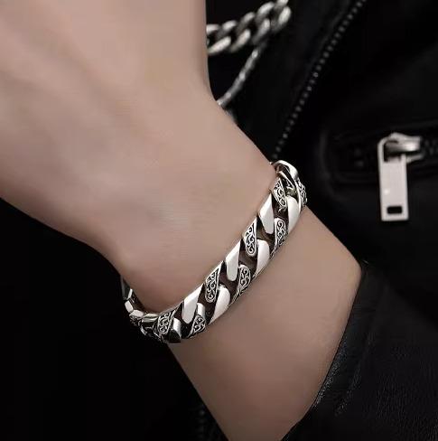 ブレスレット メンズ レディース S925 シルバー 唐草模様 パンク 光沢 プレーン 韓国 欧米風 ファッション ペア カップル カジュアル 普段使い アンティーク風