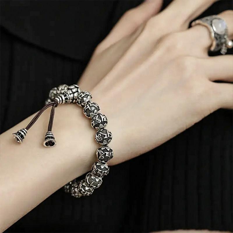 ブレスレット メンズ レディース ペア カップル シルバー シルバー 999 六字真言 般若心経 丸玉 レトロ..