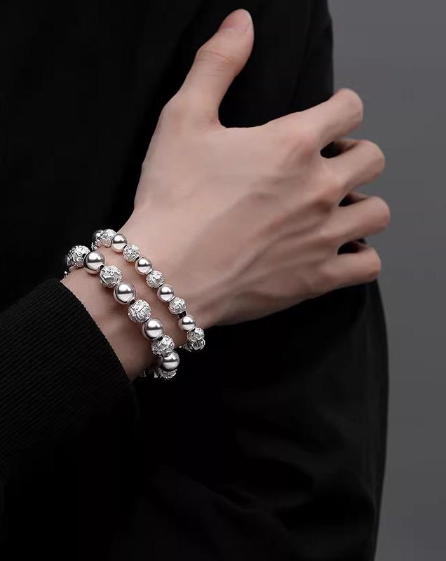 ブレスレット メンズ レディース ペア 六字真言 仏教数珠 念珠 丸珠 ラウンドビーズ シルバー 腕輪 トレンド ファッション おしゃれ