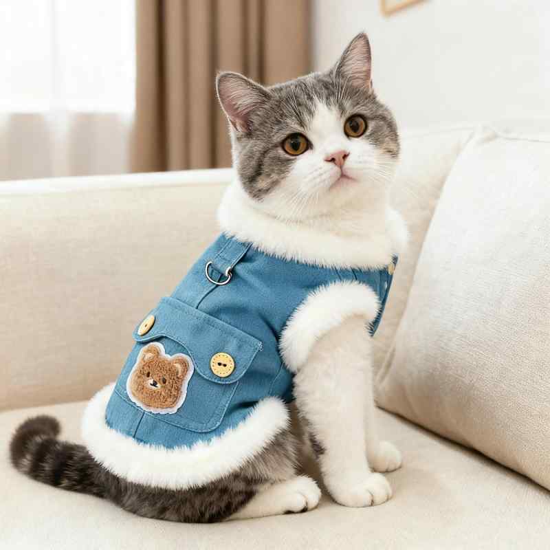 ペットウェア 犬 猫用 秋冬 裏起毛 中綿ベスト 保温 防寒 抜け毛防止 リード接続対応 クマ柄 アニマルモチーフ かわいい カジュアル ポリエステル 黄 青 茶