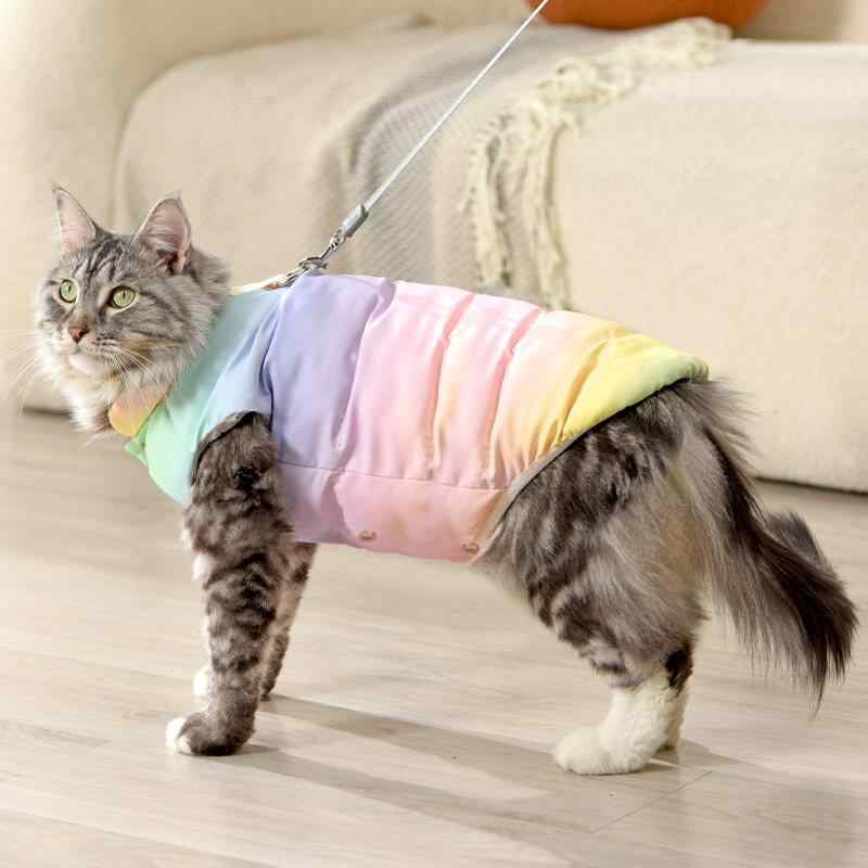 猫服 子猫 小型猫用 秋冬 ダウンベスト 防寒 保温 暖かい 軽量 リードフック付き 毛がつきにくい 90%ダックダウン ナイロン 光沢PU グラデーション ダークブルー ピンク