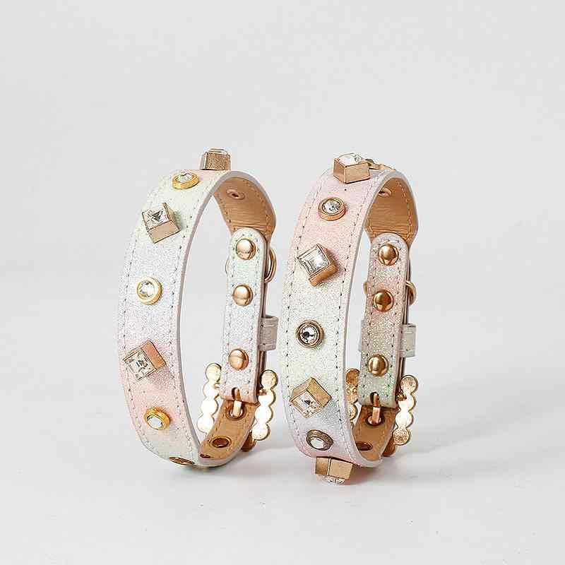 首輪 犬 猫用 小型犬 子犬 子猫 プリンセス風 ラインストーン スクエアラインストーン グラデーション レザー 長さ調節可能 おしゃれ ペット用品 お散歩 お出かけ