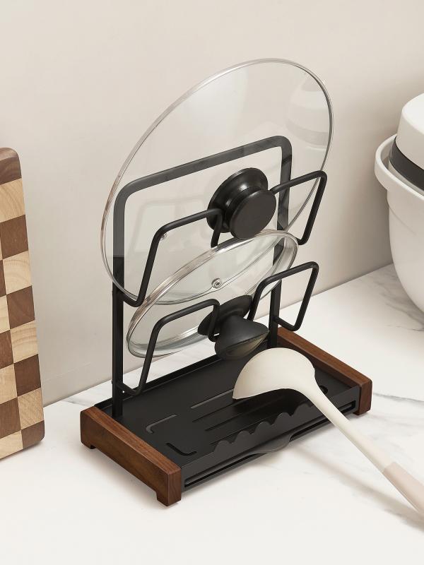 キッチン収納 ウォールナット材 アルミ合金 置き型 多段 卓上 鍋蓋スタンド まな板立て フライ返し 調理ツール ホルダー 省スペース 多機能 ブラック アイボリー