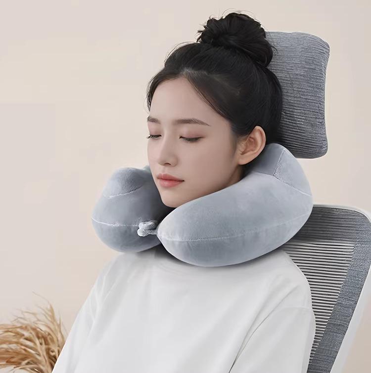 ネックピロー U字枕 旅行 携帯用 空気注入式 エアー 首サポート 快眠 ダブルコブ 人間工学 快適 軽量 コンパクト 機内 車中泊 新幹線 オフィス 出張 アウトドア キャンプ ベロア調 柔らかな肌触り 接触冷感