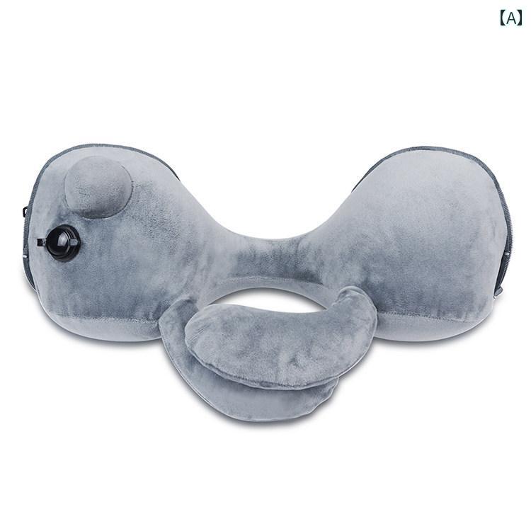 ネックピロー メンズ レディース プッシュ式 空気注入式 U字型 首サポート 頚椎クッション 飛行機 新幹線 旅行 出張 オフィス 休憩 仮眠 携帯用 コンパクト ピンク系 ソフト 快適 人間工学に基づいた設計