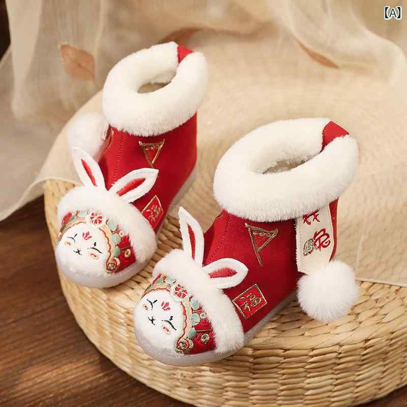キッズ ベビー 女の子 シューズ うさぎ柄 裏起毛 暖かい 防寒 チャイナ風 漢服風 布製 ベロア調 滑り止め お正月 新年 お出かけ レッド 赤 アイボリー 冬