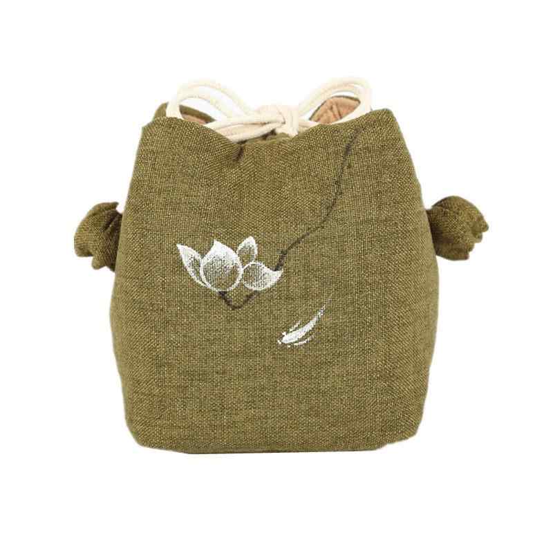 収納ポーチ 旅行 携帯用 手描き レトロ 中国風 茶器セット 一壺二杯 一壺四杯対応 厚手 コットンリネン..