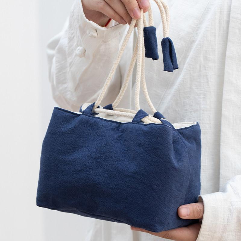 茶器 収納バッグ 綿麻 無地 茶道 茶具 セット 長尺 厚手 旅行 ポータブル 大容量 保護 布製 鞄 紺 ベー..