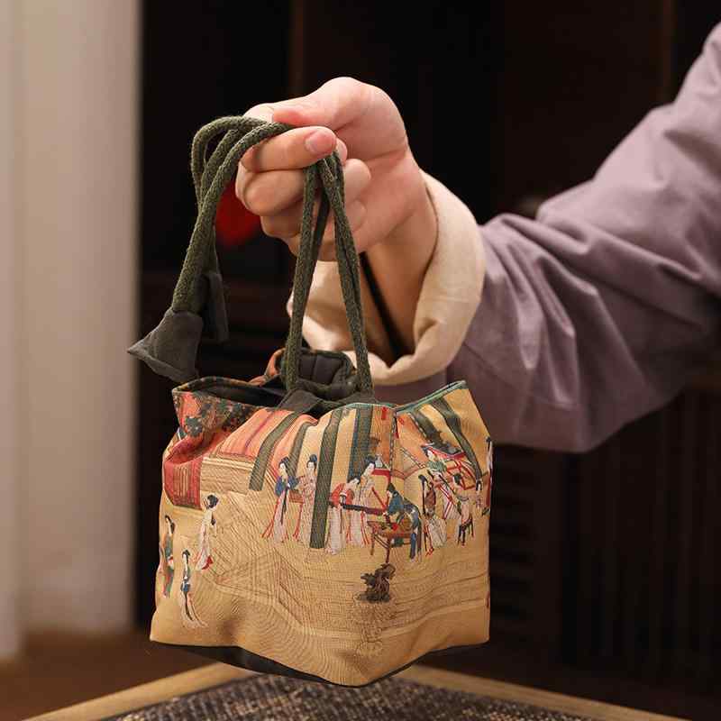 ポーチ レトロ アンティーク 綿麻 茶器 茶碗 湯呑み 収納袋 ケース 布製 ファブリック 和風 厚手 携帯 ..