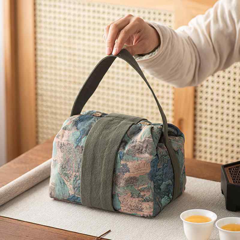 茶道具 収納バッグ 布製 中華風 国風 アウトドア 旅行 ポータブル 大容量 急須 茶碗 蓋碗 湯呑み 手提げポーチ キャンプ ピクニック オフィス 自宅用 杏 緑 赤