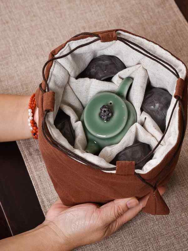 茶器 ティーセット 禅意 携帯 旅行 トラベル 麻 リネン 布製 収納袋 ポーチ ハンドメイド 軽量 コンパ..
