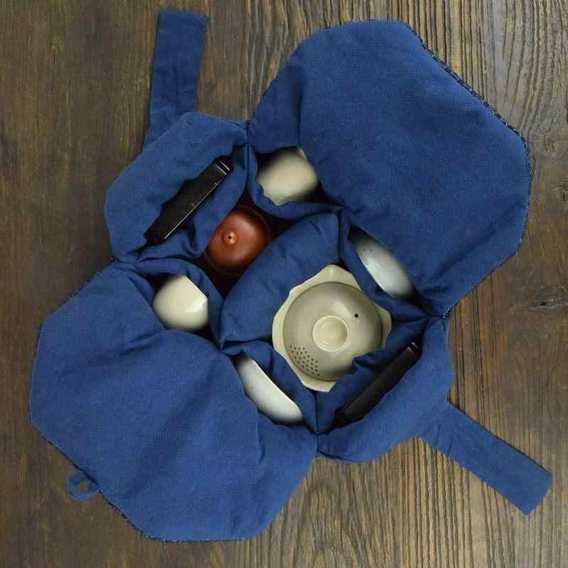 茶道具 収納ケース 布製 綿麻 トラベル 旅行用 2ポット6カップ対応 急須 湯呑 手提げ 持ち運び ポーチ 中華風 レトロ 紺 青