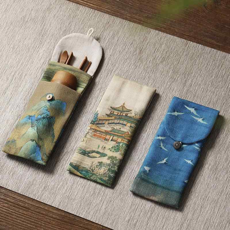 茶道具 竹製茶杓 茶挟 六君子 茶道ツール 3点セット 綿麻収納袋 布製巾着 功夫茶器アクセサリー レトロ..