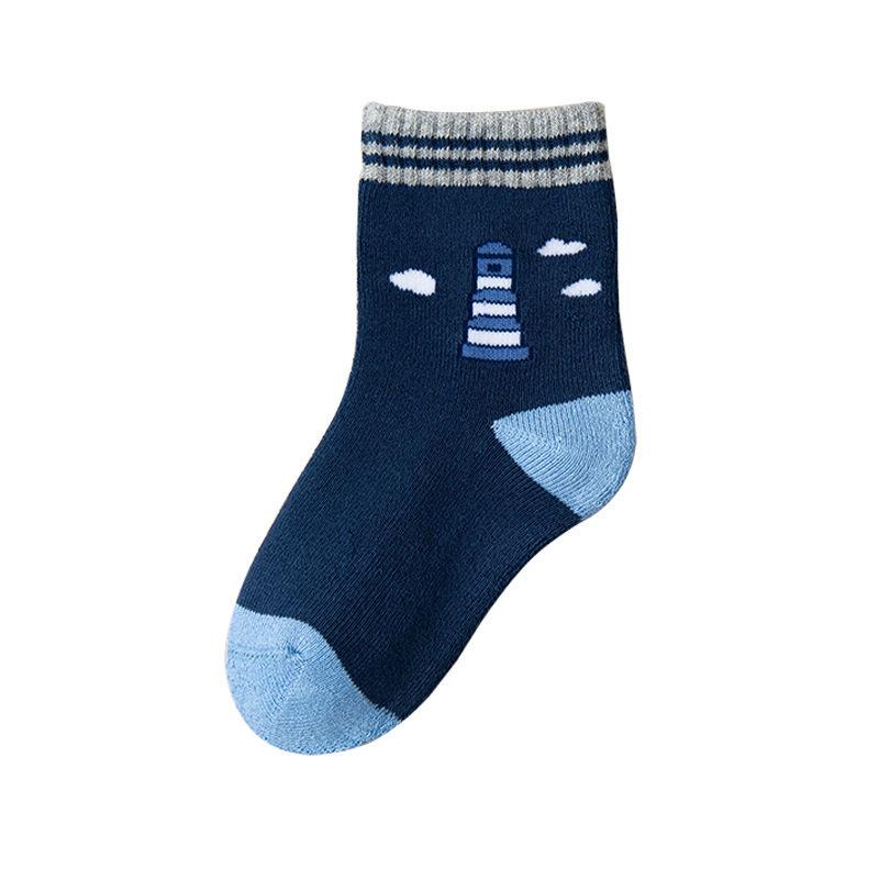靴下 男の子 キッズ ボーイズ ジュニア 秋冬 厚手 パイルソックス ミドル丈 コットン 綿 防寒 保温 あったか 紺 ピンク マリン柄 キャラクター かわいい 同色組 紛失防止