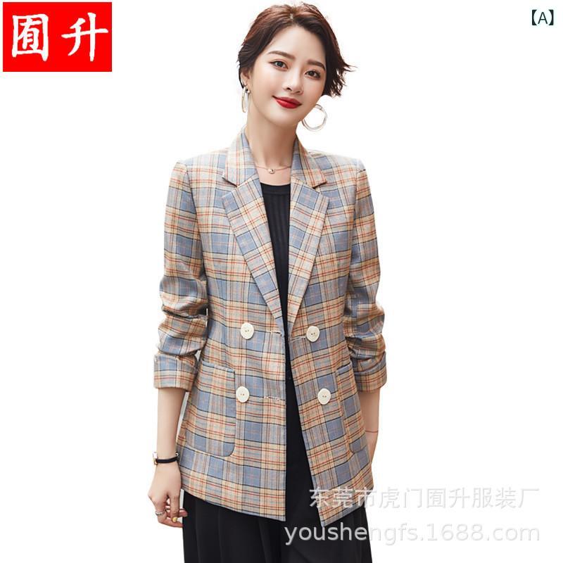 テーラードジャケット レディース ブレザー アウター 上着 羽織り トップス チェック柄 格子 ダブルボタン 落ち感 切り替え 長袖 韓国ファッション カジュアル オフィス 通勤 春秋 英国風 黄 きれいめ ポリエステル 上品 事務服