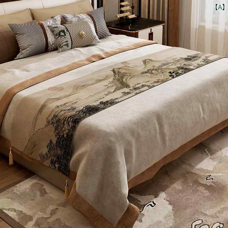 ベッドスロー リネン コットン ベッドランナー チャイナ風 水墨山水画 寝室 ホテルライク 上品 雰囲気..