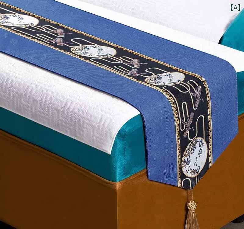 ベッドスロー フットケアサロン 美容 タイ式マッサージベッド チャイナ風 布製 切り替え テーブルランナー スツールカバー ベッドランナー 黄 青 茶 タッセル