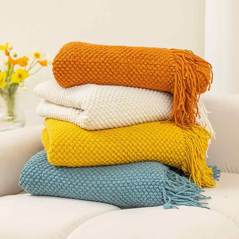 Futon Covers - ベッドスロー ブランケット マルチカバー ソファカバー ひざ掛け ホテル 民泊 ゲストハウス 来客用 リビング 寝室 ニット編み シック モダン おしゃれ インテリア フリンジ アイボリー キャメル ブルー