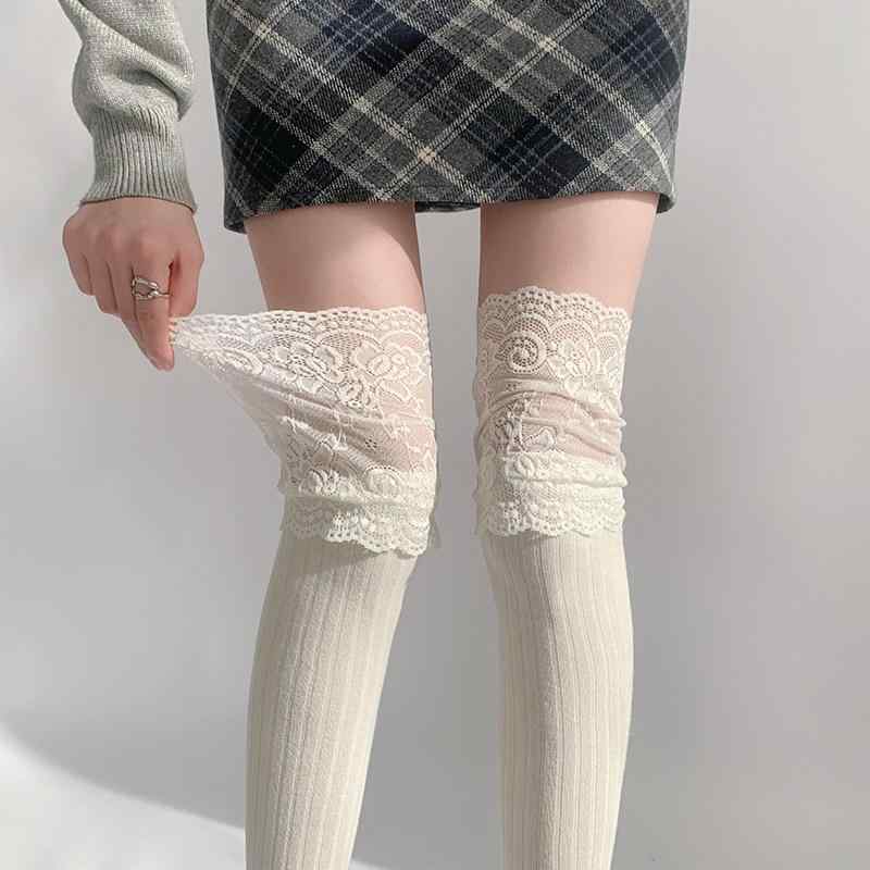ソックス レディース ニーハイ オーバーニー ハイソックス 綿 コットン レース 切り替え ロリータ スタ..