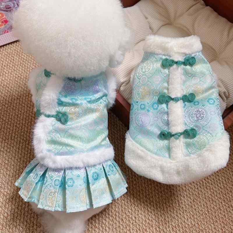 ペット服 小型犬 猫 男の子 女の子 秋冬 中国風 チャイニーズスタイル 唐装 コットン クリアブルー ドレス スカート 新年 衣装 ベスト チョッキ ビションフリーゼ 防寒 温かい