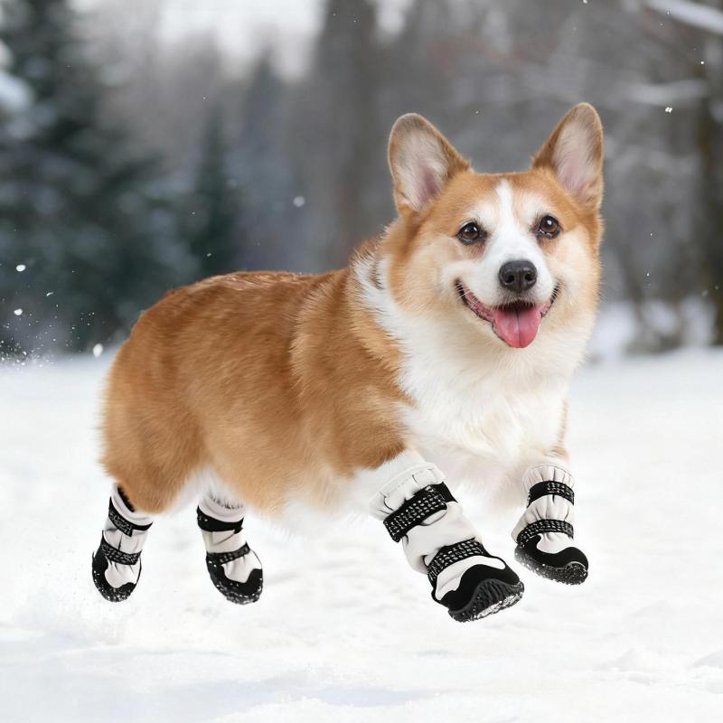 犬用シューズ 小型犬 コーギー用 裏起毛 あったか 秋冬 防水 滑り止め 脱げにくい ソフトソール 散歩 お出かけ ブラック グレー