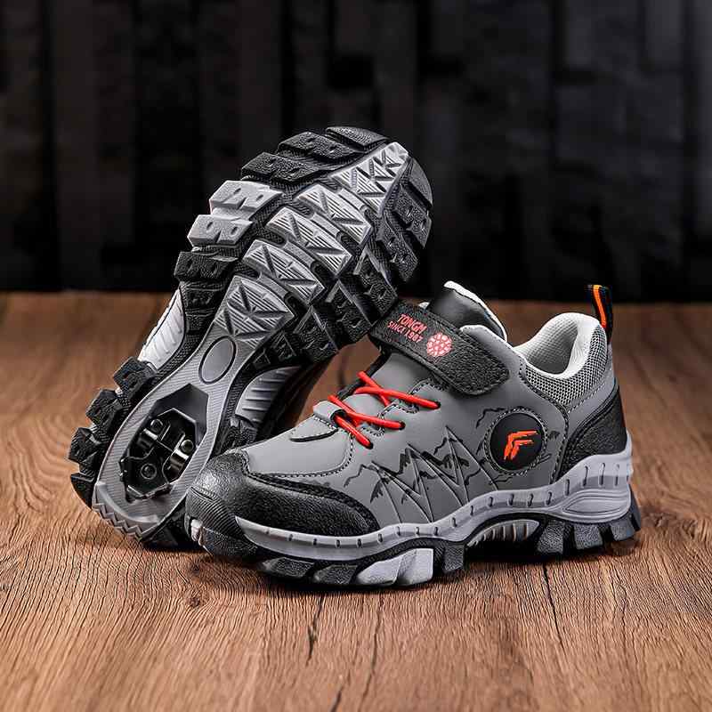 Sneakers - 登山靴 キッズ 男の子 女の子 アウトドア トレッキングシューズ ハイキング 面ファスナー 防水 防滑 軽量 厚底 ローカット 秋冬 超繊維 合成皮革 カーキ グレー ロイヤルブルー