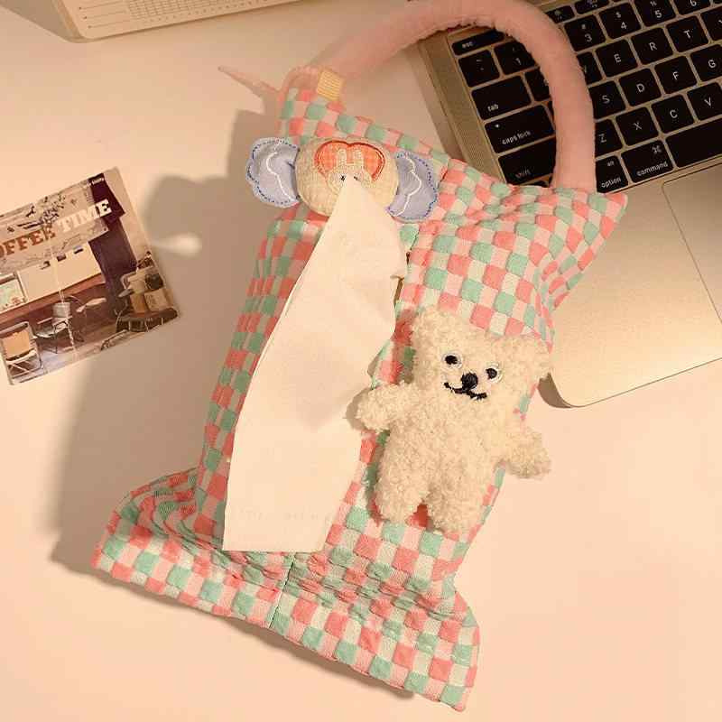 ティッシュケース 吊り下げ かわいい 韓国 布製 車載 シートバック 収納ボックス カバー ファブリック チェック柄 くま ぬいぐるみ ピンク