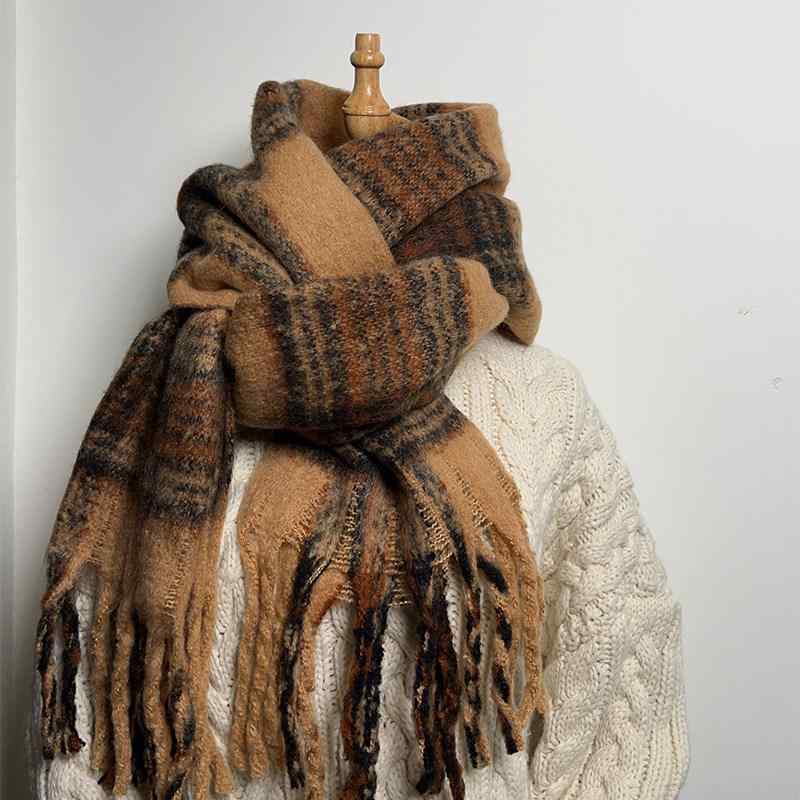 マフラー レディース 韓国 レトロ マイラードカラー チェック柄 大判 ストール 厚手 保温 防寒 暖かい 学生 通学 秋冬 ブラウン ダークブラウン