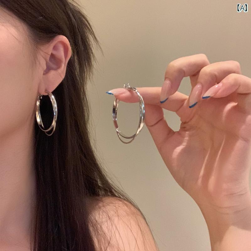 ピアス フープ レディース 両耳 ダブル 大ぶり リング シンプル 丸型 メタル 合金 シルバー ゴールド ..