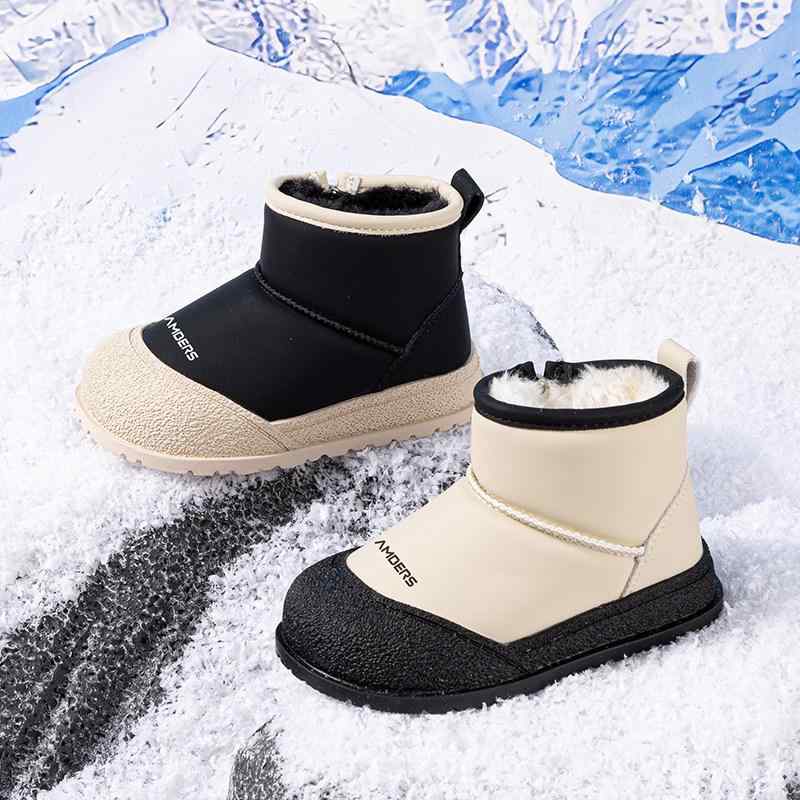 スノーブーツ キッズ 男の子 女の子 ショート ラウンドトゥ 裏ボア 防寒 防水 滑り止め ファーストシューズ 冬 暖かい 耐摩耗 黒 アイボリー シンプル ジッパー