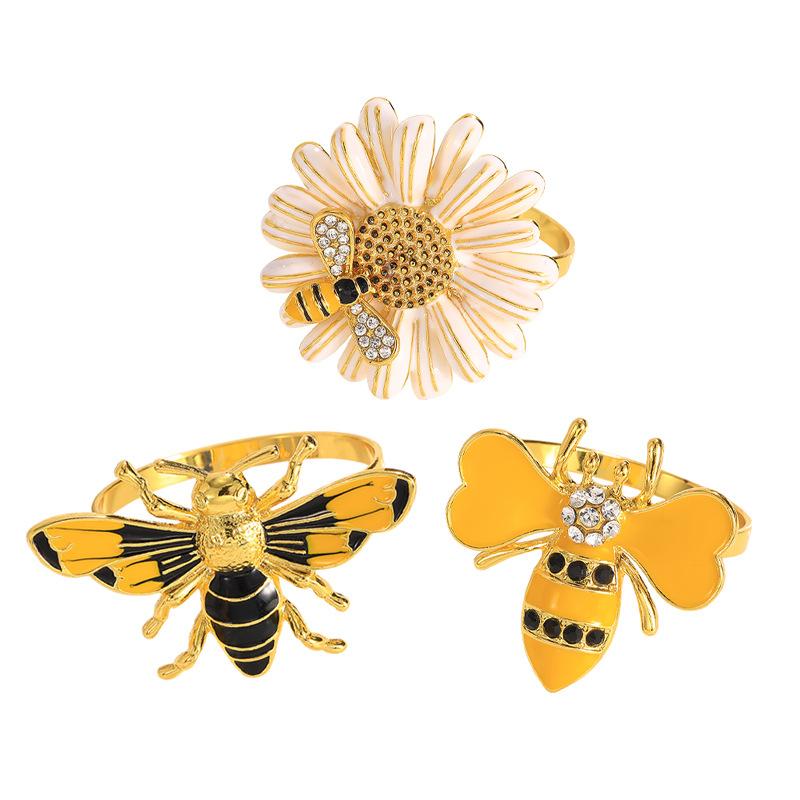 ナプキンリング ホルダー バックル 亜鉛合金 メタル ミツバチ 蜂 ひまわり フラワー モチーフ 欧米風 レストラン ホテル パーティー 卓上装飾 高級感 おしゃれ かわいい 華やか ゴールド シルバー