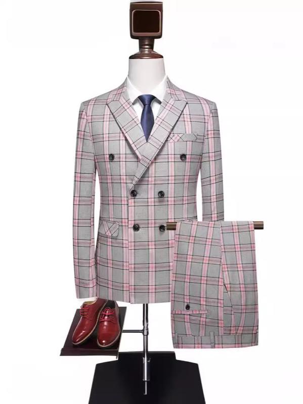 スーツ メンズ 男性用 セットアップ 紳士 礼服 ビジネス 結婚式 カジュアル スリム 細身 韓国 チェック 格子柄 ダブルジャケット スラックス 上下 ノッチドラペル 綿 ビスコース 混紡素材 高級感 グレーピンク