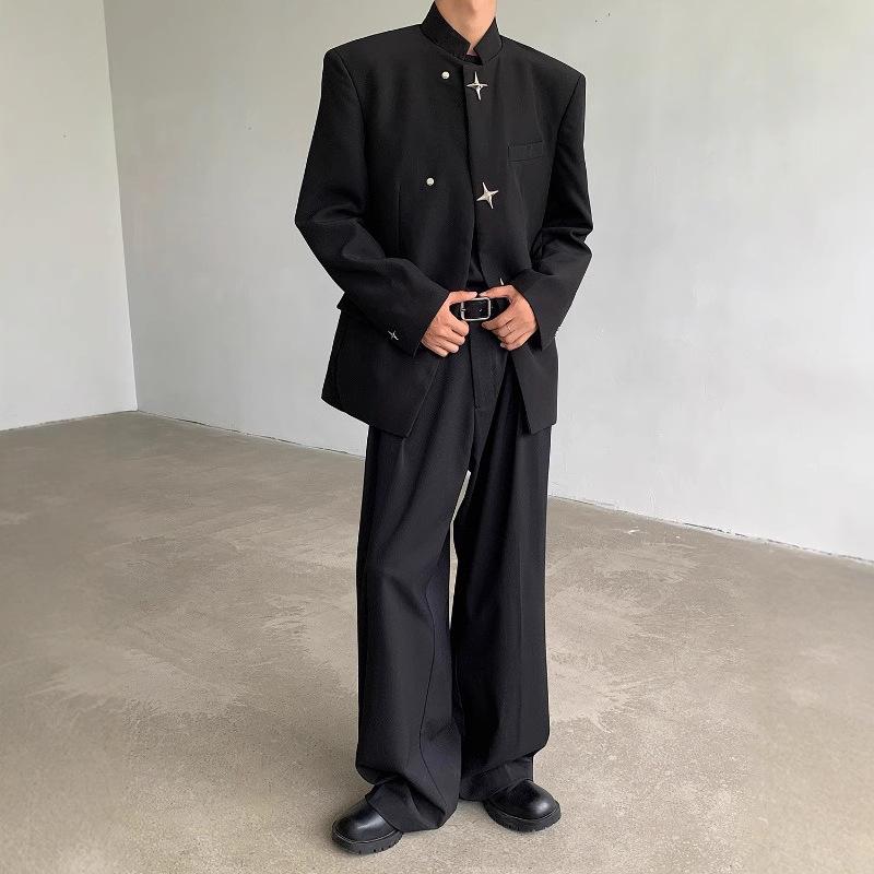 スーツ メンズ セットアップ スタンドカラー チャイナ風 ジャケット スラックス 肩パッド入り メタルボタン ストレート オールシーズン カジュアル フォーマル パーティー 結婚式 普段使い 黒 ブラック 紳士服 無地 高級感 男性用