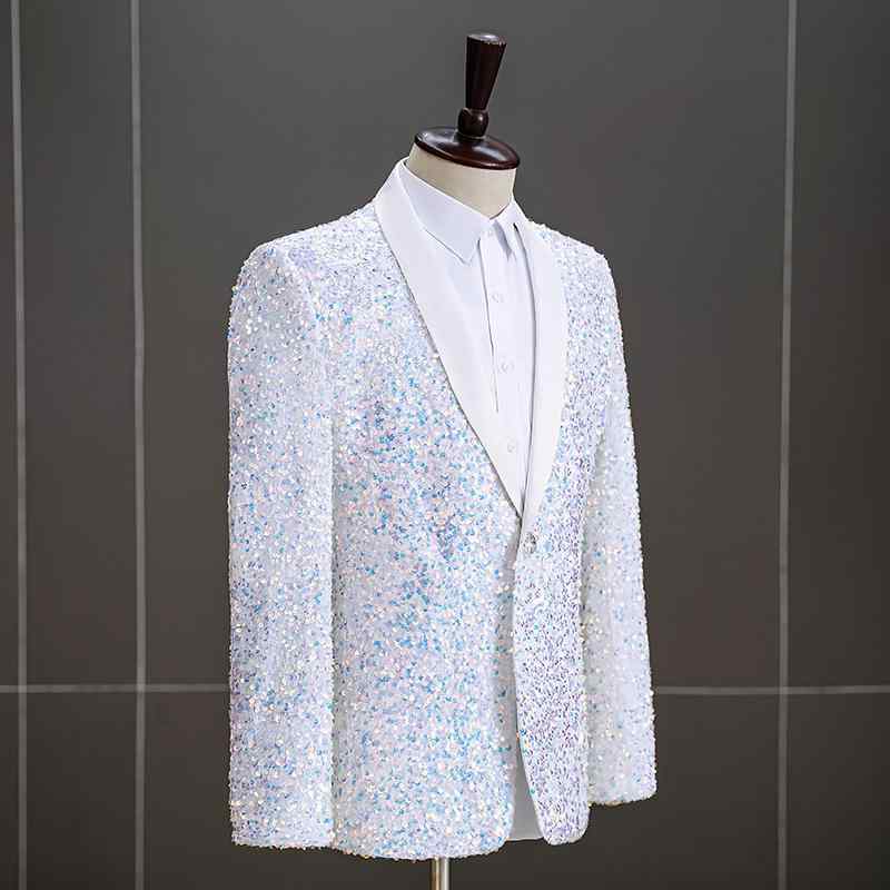 テーラードジャケット メンズ 礼服 スパンコール ブレザー ステージ衣装 パーティー イベント 紳士用 キラキラ カラフル 派手 スリム シングルボタン ショールカラー 高級感 光沢素材 ホワイト グリーン レインボー