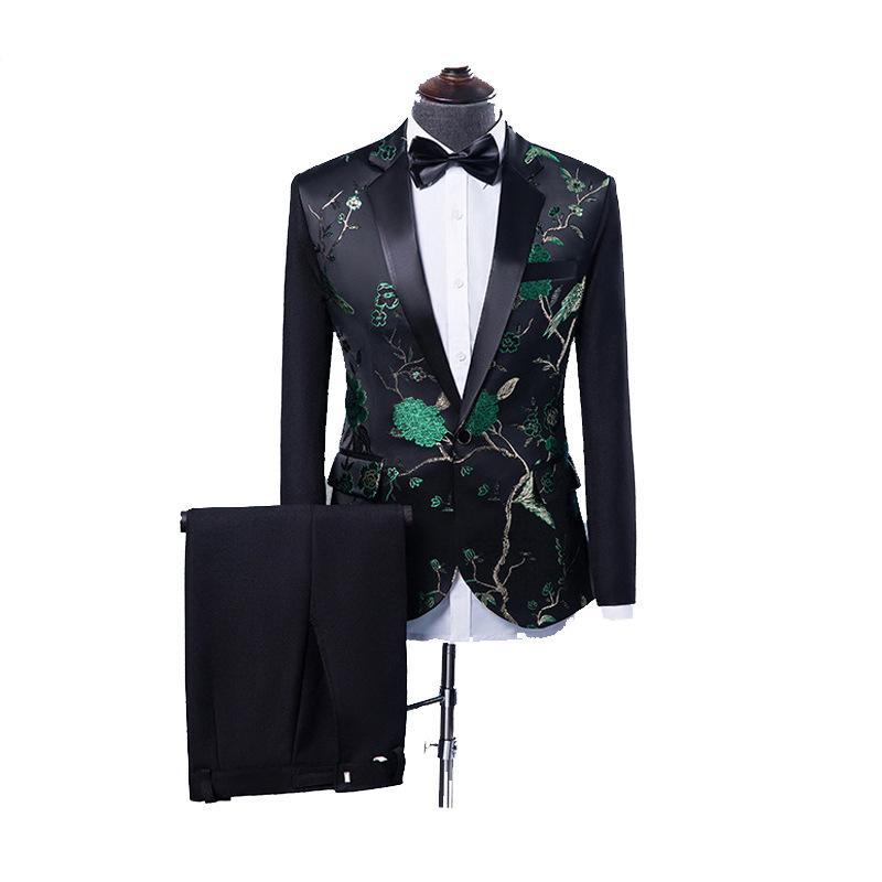 スーツ メンズ セットアップ 刺繍 プリント 総柄 司会者 ステージ衣装 パーティー 華やか 高級感 スリム スラックス テーラードジャケット 紳士服 シングル 光沢感 アセテート混 フォーマル レッド ブルー グリーン